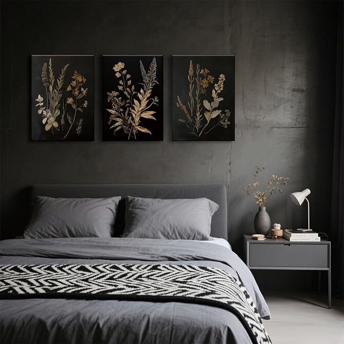 TUEASKY 3 Piece Moody Botanical Canvas Wall Art Vintage Floral Wall Art Boho Dark Flower Decor Black Wildflower Art Prints for Living Room Bedroom16x24in Framed
