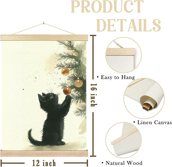 bitCNY Black Cat Kitten Christmas Wall Art – 12x16 Inch Cat and Tree Ornament Canvas, Holiday Pet Poster for Winter Home Décor