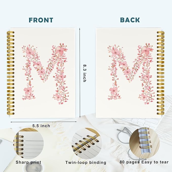 Pink Cute Spiral Notebook Journal, Preppy Floral Initial Letter M Personalized Journaling Notebooks, Monogrammed Gifts for Women Girls, Botanical Hardcover Spiral Lined Notebook 5.5 x 8.3