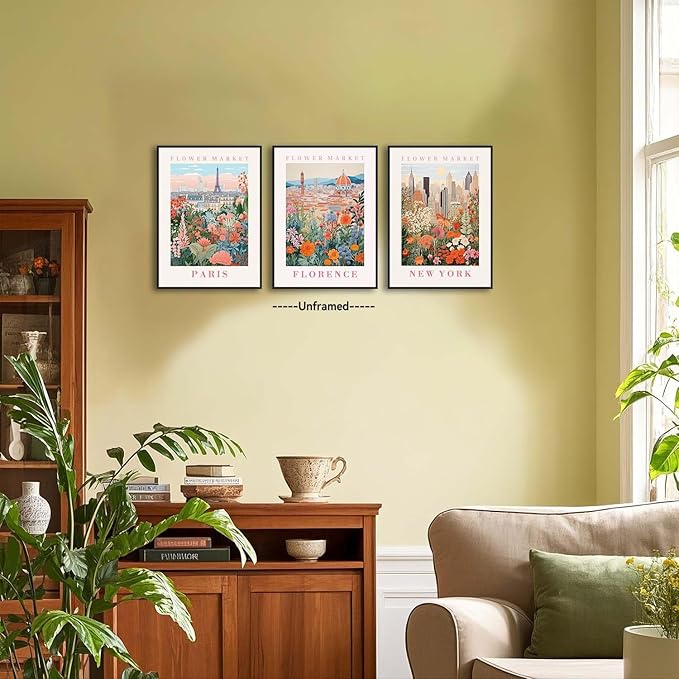 XLARTMY Flower Market Wall Art Prints Canvas Orange and Pink Floral Paintings Colorful Botanical Travel Flower Posters for Home Decor Pictures Set of 3 for Living Room Bedroom 12x16in Unframed