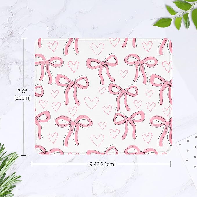 Seorsok Square Aesthetic Ribbon Bows& Love Mouse Mat,Premium Textured Mouse Pads for Office Laptop,Washable Square Mousepads with Extended Stitched Edges Non Slip Rubber Base,White