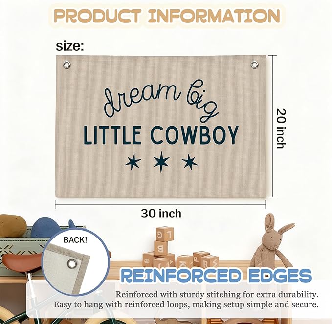 Boy Nursery Decor,Dream Big Little Cowboy Wall Art,Cowboy Nursery Decor Linen Banner Print,Wall Decor Hanging for Kids Boys Toddler Nursery Bedroom Playroom 30x20 Inch