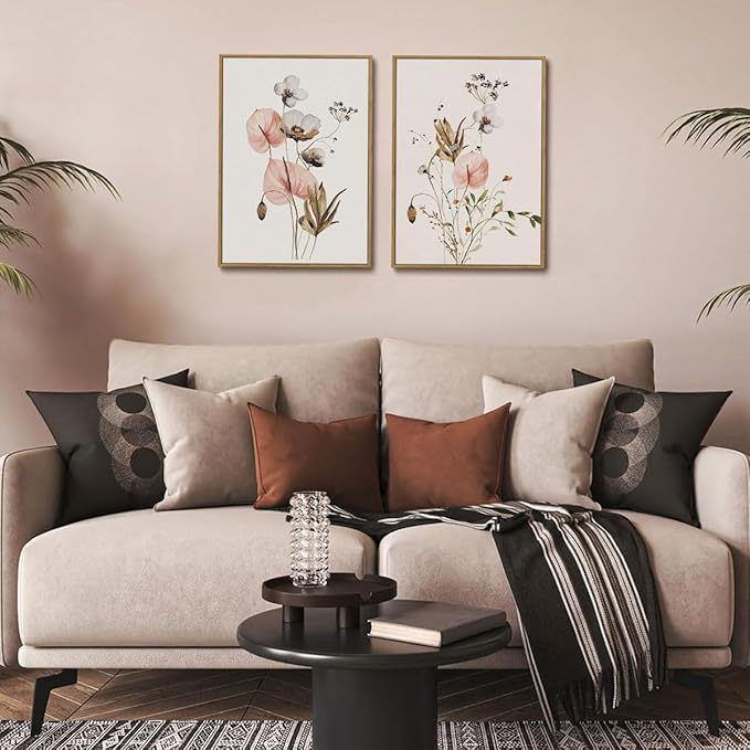 YOYIAXT 2 Pieces Watercolor Botanical Canvas Wall Art For Bedroom Pink Blush Floral Framed Wall Art Minimalist Neutral Flower Art Prints Artwork For Living Room Office, 16x24 in