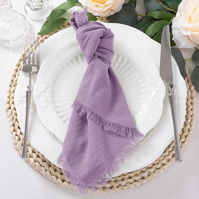 12 Pack Purple Cotton Linen Napkins with Fringe Spring Cloth Napkins Set of 12 Boho Handmade Dinner Napkins Bulk for Wedding Bridal Baby Shower Valentine's Day, 17 x 17 Inches