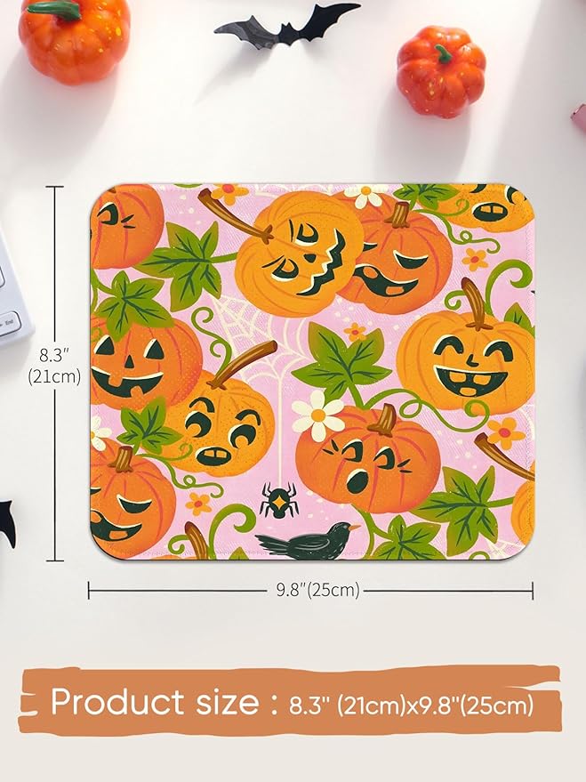 Seorsok Halloween Funny Pumpkin Mouse Mat,Greenery Decor Mouse Pads for Office Laptop,Washable Square Cute Mousepads with Extended Stitched Edges Non Slip Rubber Base 9.5"x7.8"x0.12" Inch,Pink