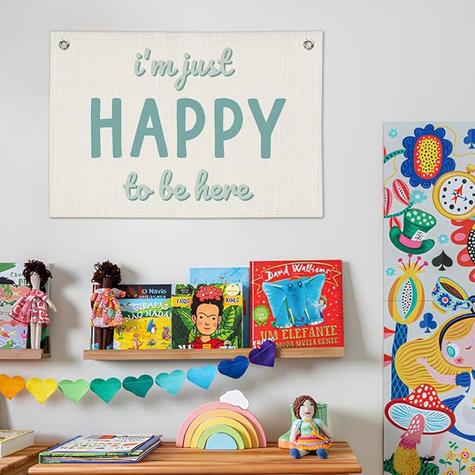 Kids Room Decor, I'm Just Happy to Be Here Banner, Cute Positive Linen Canvas Banner Wall Hanging Flag Decor for Toddler Bedroom Nursery Playroom Classroom Preschool Daycare