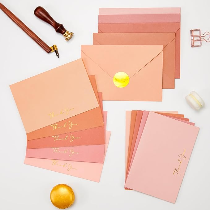 Crisky Pink Thank You Cards with Envelopes & Stickers, 50 Pack Gold Foil Bridal Shower Graduation Thank You Cards Small Business, Wedding Baby Shower Birthday Funeral Notes Bulk