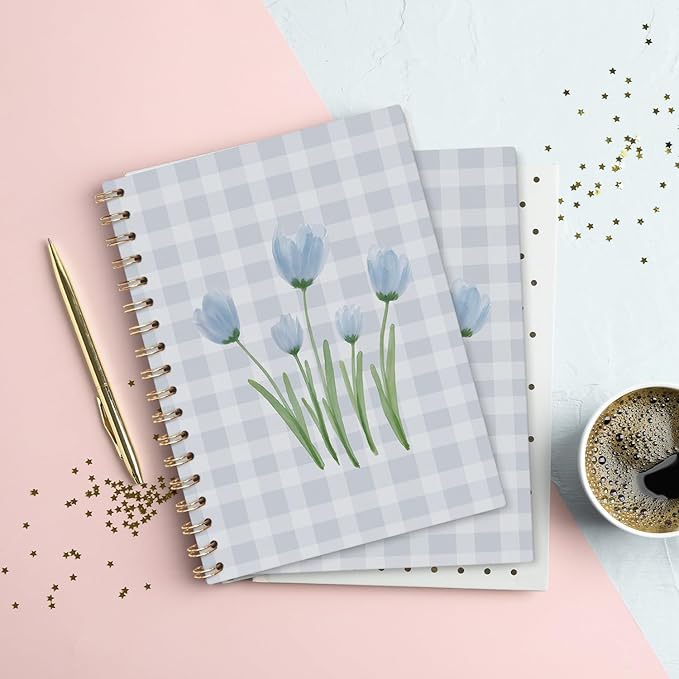VONTP Blue Tulip Floral Spiral Notebook, Preppy Tulip Flower Aesthetic Journal, Blue Checkered Floral College Ruled Notebook Journal for Writing, 5.5x8.3