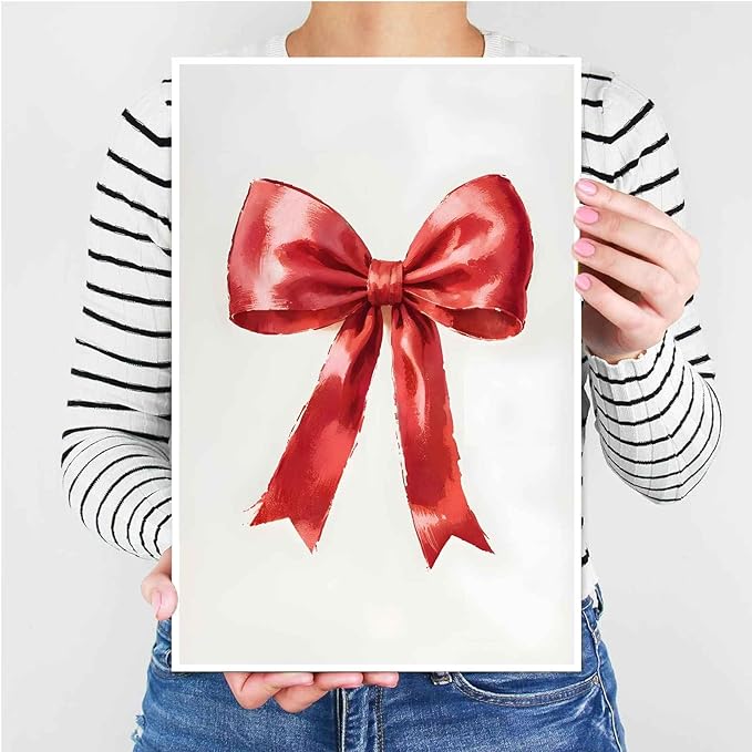 Framed Canvas Wall Art Vintage Red Christmas Bow Wall Art Winter Home Decor Red Bow Print Holiday Christmas Decor 16x24in Wood Framed