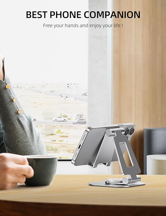 Nulaxy Rotatable Cell Phone Stand, Fully Adjustable Foldable Desktop Phone Holder Cradle Dock, Thick Case Friendly, Compatible with All Phones, Nintendo Switch, Silver