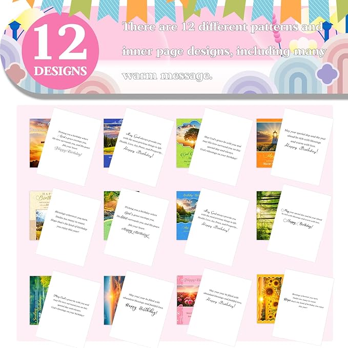 48 Pack Religious Christian Birthday Cards Bulk with Scripture Assorted Bible Verse 4.5 x 6.2 Inch Christian Blessings Birthday Greeting Cards with Envelopes and Stickers (Natural Style)