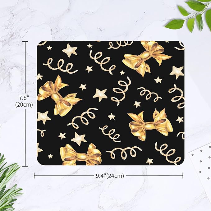 Seorsok Square Aesthetic Gold Bows and Golden Stars Mouse Mat,Premium Textured Mouse Pads for Office Laptop,Washable Square Mousepads with Extended Stitched Edges Non Slip Rubber Base,Black