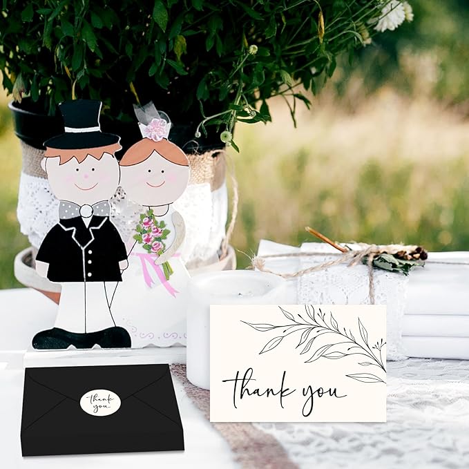 JarThenaAMCS 24 Pack Minimalist Thank You Cards Blank Greeting Cards With Envelopes Stickers Black Leaves Branches Note Card for Wedding Birthday Supplies