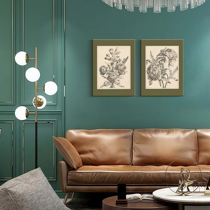 2 Pcs Framed Flower Sketch Wall Art Sage Green Floral Poster Vintage Botanical Wall Decor Peony Flower Prints Antique Floral Drawing Painting for Bedroom Living Room 12x16 inch Ready to Hang