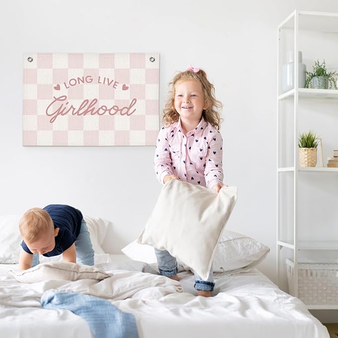 Long Live Girlhood Preppy Pink Checkered Girls Room Decor - Linen Banner Wall Hanging Canvas Banner Flag Decor for Girly Nursery Toddler Playroom Bedroom Dorm Apartment