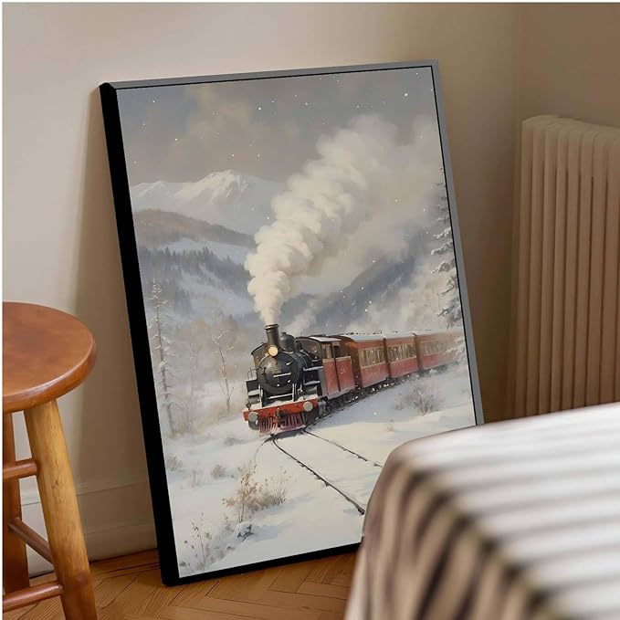 Framed Canvas Wall Art Christmas Print Train Painting Winter Scenery Landscape Snowy Railroad Wall Art Moody Christmas Decor 8x12in Metal blackFramed