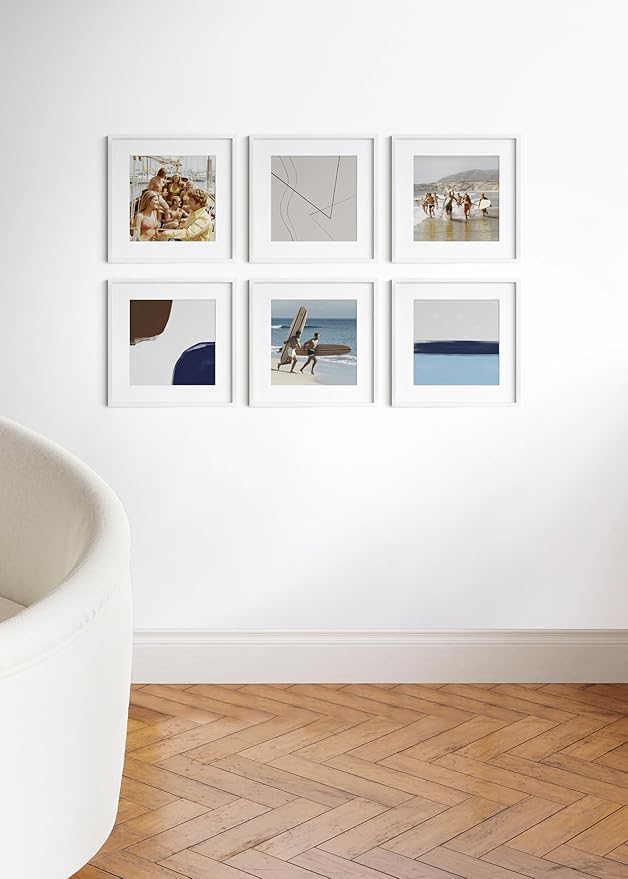 HAUS AND HUES 16x16 White Aluminum Frame Set of 6 - Matted to 12x12, Hanging Hardware, Shatterproof Plexiglass (16x16 in, White)