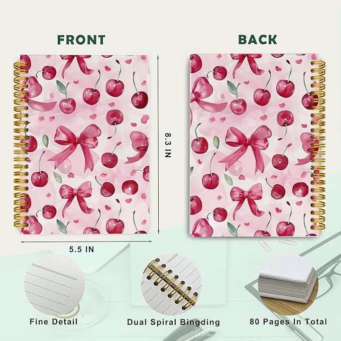 Trendy Coquette Pink Bow Cherry Journaling Notebooks, Preppy Spiral Notebook, Cute Notebook Journal for Girls, Pink Office Supplies, Hardcover Spiral Lined Notebook 5.5 x 8.3