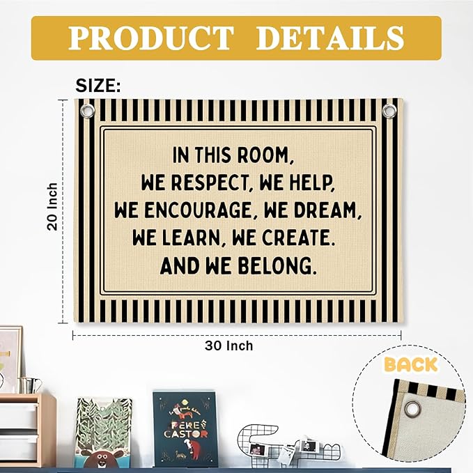 Classroom Decor, Retro Classroom Wall Hanging Canvas Banner Prints, in This Room We Respect Help Striped Wall Art Decor for Kids Nursery Toddler Room Bedroom Playroom, 30x20 Inch