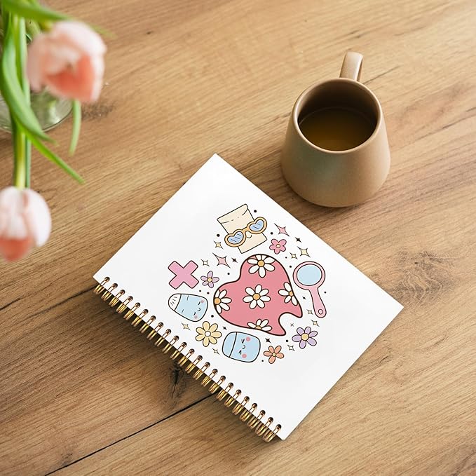WUCHJ Dental Gifts Notebook, Dental Hygienist Assistant Journal, Retro Pink Floral Tooth Spiral Notebook Journal for Note Taking, Dentist Office Supplies, 5.5x8.3 Inch