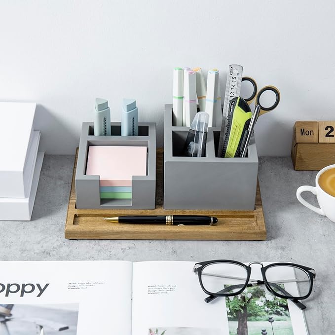 MyGift Modern Concrete Office Desktop Stationery Holder Set with Sticky Note Storage & Acacia Wood Tray – 3-Piece Desk Organizer
