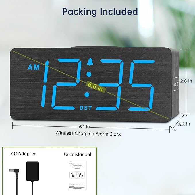 DreamSky Wooden Digital Alarm Clock with Wireless Charging for Bedroom, Bedside Nightstand Clock with Charger Station, USB Port, Large Numbers, Adjustable Volume, Brightness Dimmer, DST