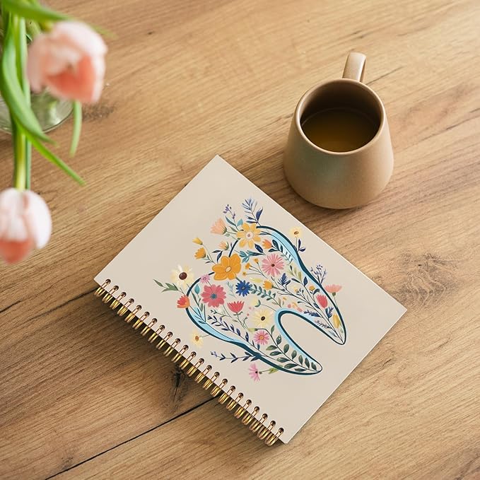 WUCHJ Dentist Gifts Notebook Journal, Dental Assistant Office Gifts for Women, Brown Floral Tooth Dental Spiral Notebook Journal for Note Taking, Dentist Office Supplies, 5.5x8.3 Inch