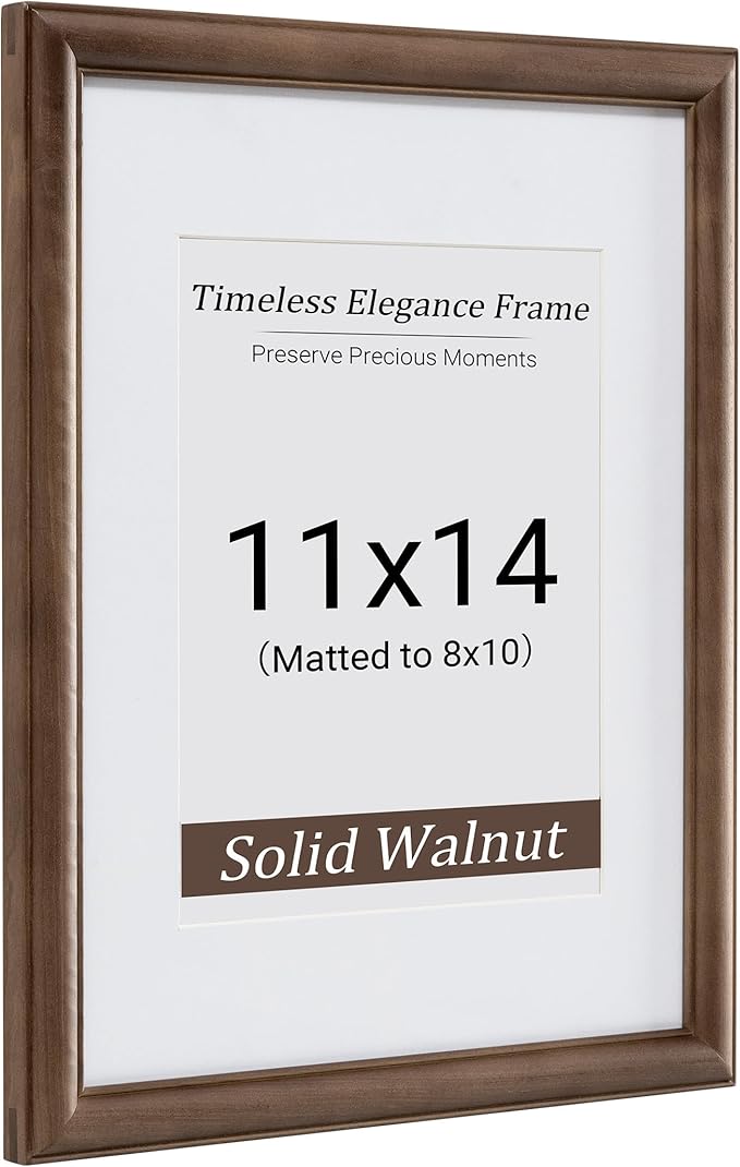 Heimlove 11x14 Picture Frame,11 x 14 Natural Solid Walnut Wood Frame Matted to 8x10 with Tempered Glass,11"x14" Handcrafted wood Frame,Vertical or Horizontal Wall Hanging,Art Photo and Prints,1 Pack