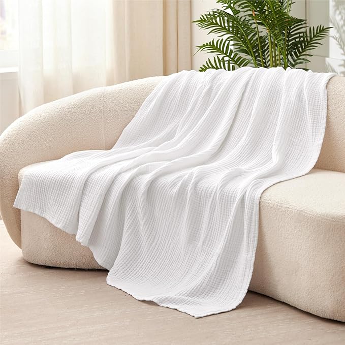 100% Cotton Twin XL Blankets for Bed 66" x 90", Cooling and Soft Muslin Throw Blanket, Soft Boho Coverlet Bedspread, Gauze Bedding for Adults All Season, White