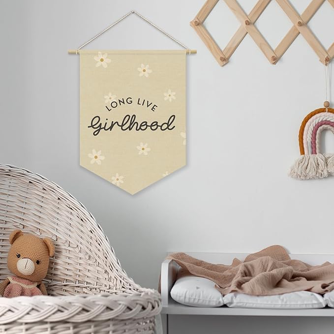 Girl Nursery Decor, Long Live Girlhood Linen Canvas Banner, Neutral Floral Wall Hanging Pennant Flag Banner for Girl Nursery Toddler Kids Room Bedroom Dorm Playroom Decor, 15x11in