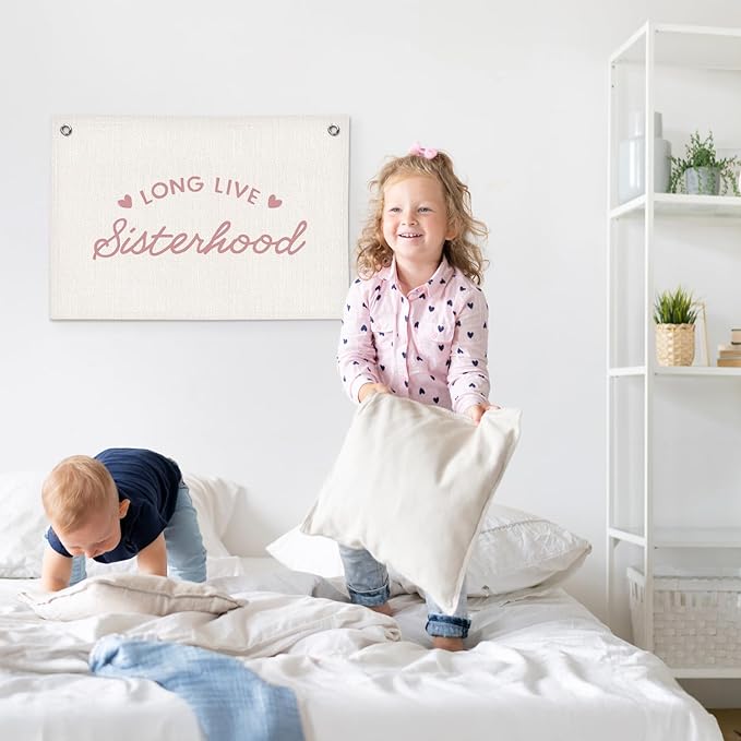 Pink Long Live Sisterhood Girls Room Decor - Linen Banner Wall Hanging Canvas Banner Flag Decor for Girly Nursery Toddler Playroom Bedroom Dorm Apartment