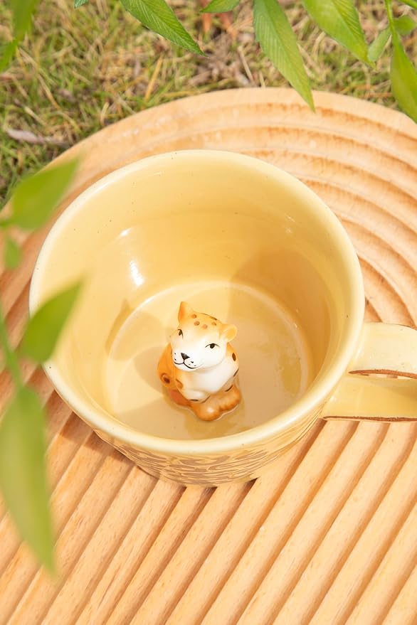 DIHOclub Leopard Coffee Cup Ceramic 3D Wild Animal Inside Mug,Cute Cartoon Handmade Figurine Mugs,Holiday and Birthday Gift for Coffee Milk Tea Lovers,12 OZ (Yellow Leopard)
