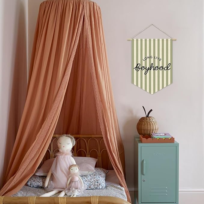 Boys Room Decor, Long Live Boyhood Boy Nursery Linen Canvas Banner, Green and White Striped Wall Hanging Pennant Flag Banner for Boys Kids Toddler Room Bedroom Playroom Decor, 15x11in