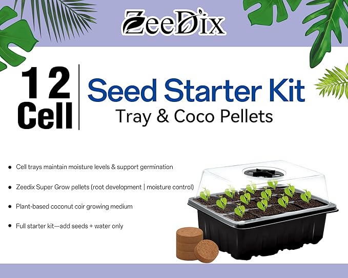 ZeeDix Seed Starter Kit, 2 Pack Seed Starter Trays with 30 PCS Coco Pellets, Base Tray for Indoor Planting, Mini Greenhouse Germination System for Herbs Vegetables Gardening Supplies(24 Cells)