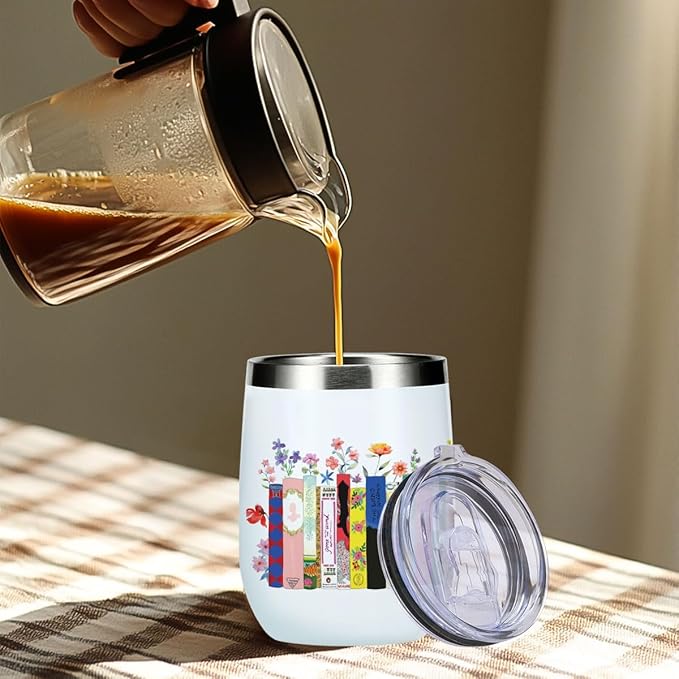 Wine Tumbler, 12 oz Coffee Mug Travel Insulated Cup Vacuum Wine Glass with Lid, Book Lovers Gifts Birthday Christmas Reading Book Accessories Bookish Librarian Gifts for Women Girls Teacher Therapist