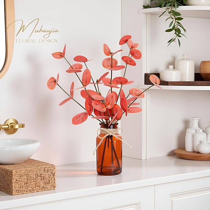 Muhanjia Artificial Eucalyptus Stems in Amber Glass Vase with Faux Water,3Pcs Fake Plant with Double-Sided Orange Leaves for Centerpiece (Double-Sided Orange Eucalyptus)