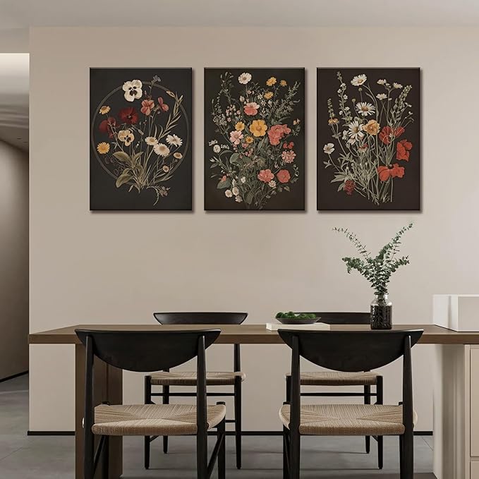TUEASKY 3 Piece Dark Floral Canvas Wall Art Vintage Botanical Wall Art Moody Flower Decor Black Wildflower Art Prints for Living Room Bedroom Office 16x24in Framed