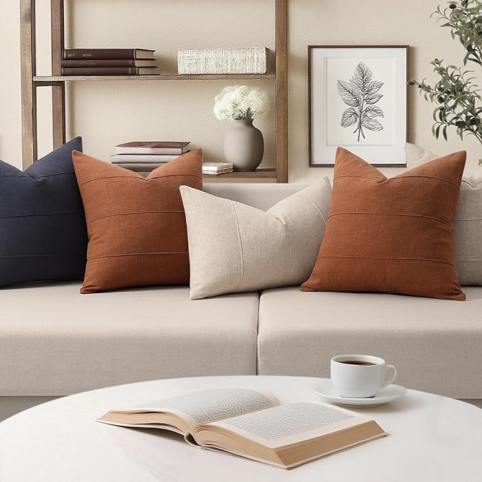 ZWJD Decorative Linen Throw Pillow Covers 22x22 Set of 2 Solid Handcrafted Striped Throw Pillows for Bed Soft Modern Farmhouse Neutral Pillowcase for Couch Bedroom Living Room Home Decor(Rust)