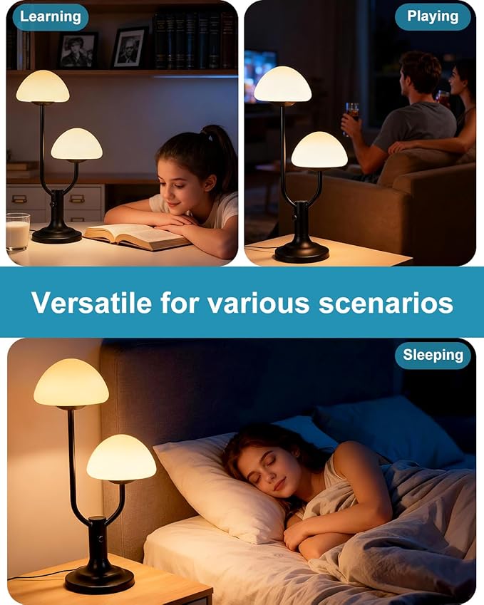 Lightdot Mushroom Table Lamp for Bedroom, Desk Bedside Small Lamps for Living Room Night Stands, Cute Modern Mid Century Lamps Dimmable with 2 LED Bulbs, Unique Aesthetic Home Decor-Black