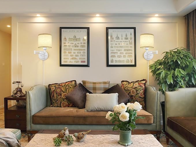 Plug in Wall Sconces with Remote Control, Dimming, Adjustable Colors 2700K-6500K, Hardwire or Plug-in, Swing Arm Wall Lamp with Linen Fabric Shade, Wall Sconces Set of Two, White Finish