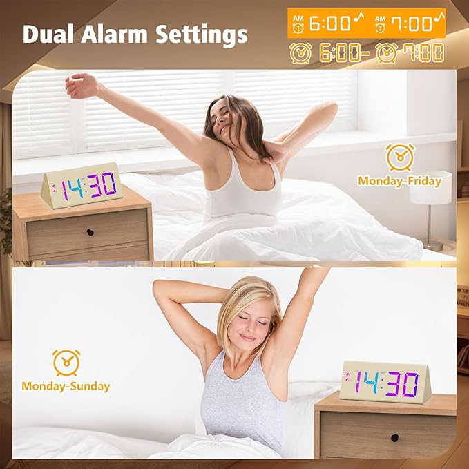Wooden Digital Alarm Clock with Dual USB Charging Ports, DST, Dimmable, Snooze, RGB Colors, Modern Large Time Display LED Clock for Kids Bedrooms, Living Room, Desk,Table, Bedside,Nightstand (Bamboo)