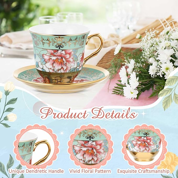 Set of 6 Tea Cups and Saucers Tea Party Decorations Floral Porcelain 5.4 oz British Gift for Women Birthday Party, Church, and Mother's Day (Stylish Style)