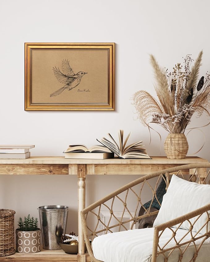 Bzstyleart Vintage Wall Art Decor,Georgia Bird Vintage Gold Framed Wall Art,Sketch Painting Picture,Room Decor Aesthetic,Canvas Prints for Apartment Decor Kitchen Bathroom Office,12L x 16W