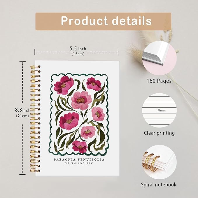 MOFUYU Floral Notebook Journal for Women,Plant Hardcover Spiral Notebook,Rustic Spring Floral Cottagecore Notebook Journal for Work Office School Student Teacher. 5.5x8.3 Inch