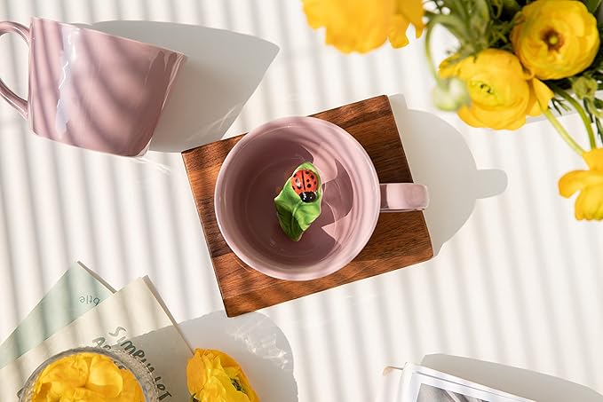 DIHOclub Ceramic Ladybug Cup Hidden 3D Animal Inside Mug,Garden series Handmade Figurine Mugs 12OZ(Pink purple)