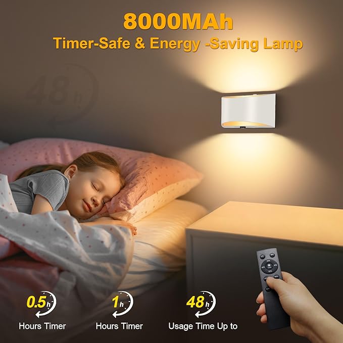 Battery Operated Wall Sconces Set of 2, White Rechargeable Wireless Remote & Touch Control Battery Wall Lights, 3 Color Temperatures, Timer Cordless Dimmable Light for Bedroom, Living Room, Hallway