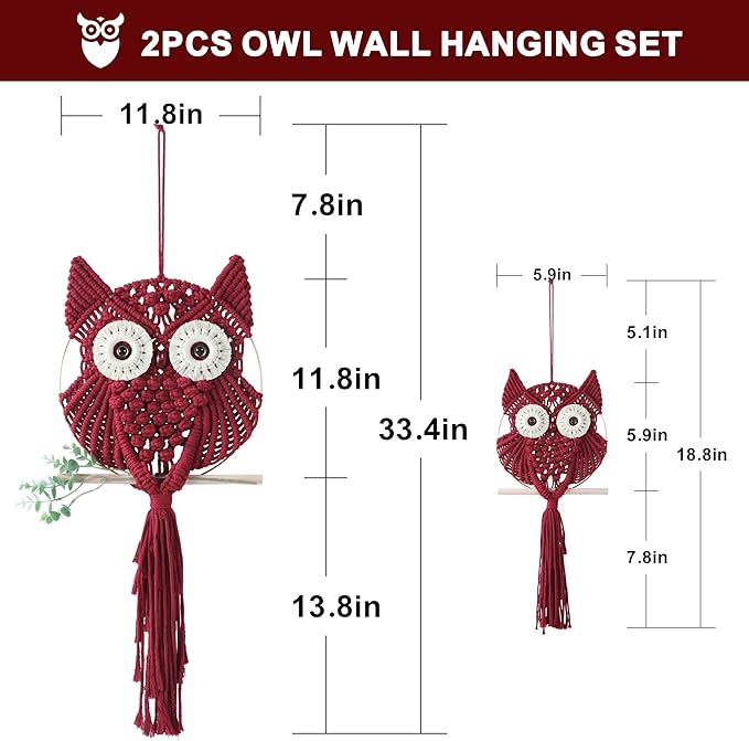 MVSUTA Owl Burgundy Cotton Handmade Macrame Wall Hanging Tapestry Home Decor Art and Red Craft Wonderful Decoration Woven Boho Ornament for Office Bedroom Apartment Living Nursery Gallery,2pcs set:1pc