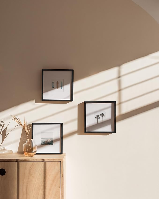 HAUS AND HUES 8x8 Black Metal Picture Frames Matted to 4x4 - Features Premium Aluminum & Hanging Hardware, Shatterproof Plexiglass - Ideal for Home, Room, Office (8x8 in, Black, Set of 3)
