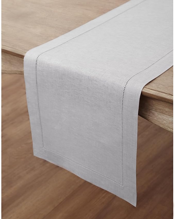 Solino Home Linen Soft Grey Table Runner 108 Inches Long - 100% Pure Linen 14 x 108 Inch Table Runner for Spring, Easter - Classic Hemstitch