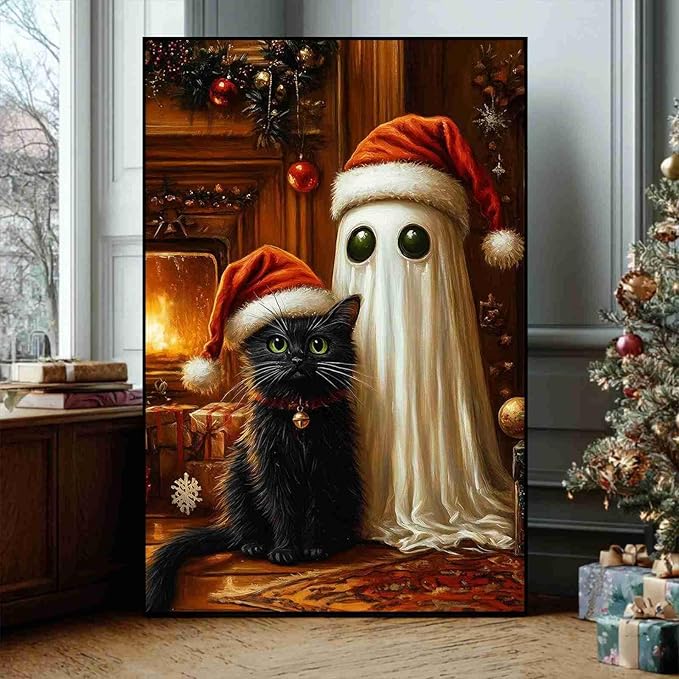 Christmas Pet Canvas Print Ghost and Cat Painting Christmas Cat and Ghost Whimsical Holiday Decor Rural Art print Indoor Decor for Home Living Room Bedroom Pet Lover Bedroom Framed Ready to Hang